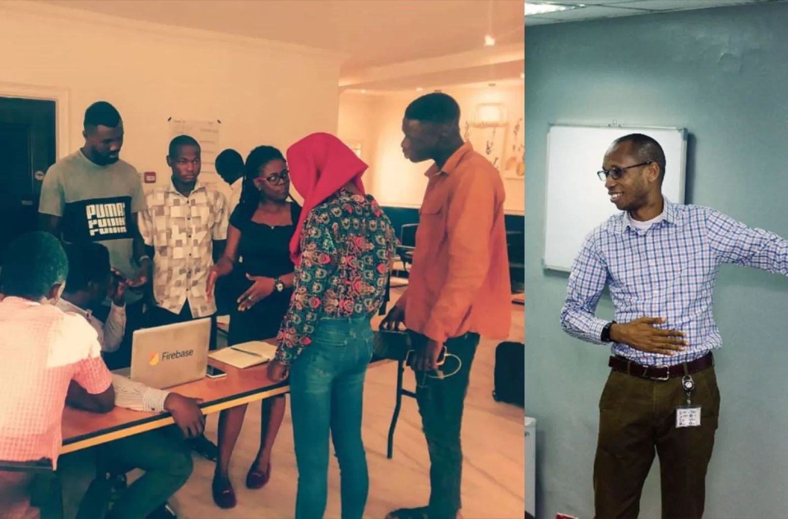 Participants collaborating around a laptop while a facilitator presents at a whiteboard during a Collavare Solutions workshop